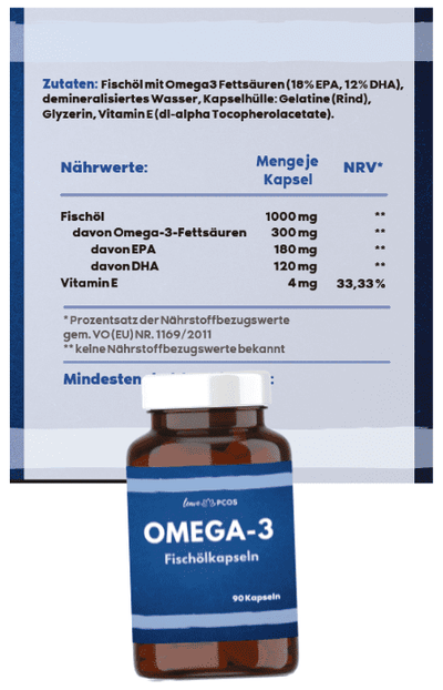 Kapseldose Omega-3 mit Zutaten und Nährwerttabelle